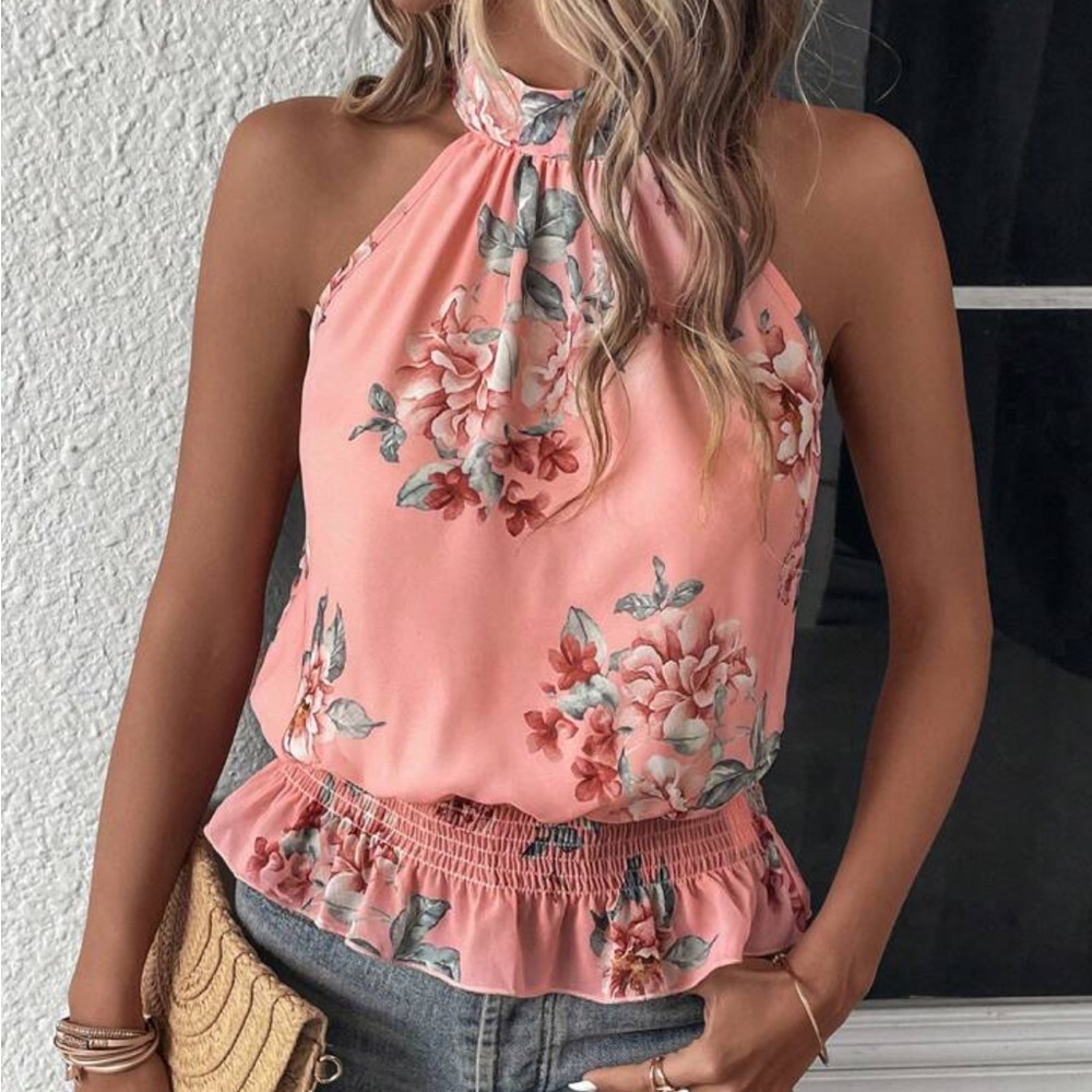 Small Coral Pink Sleeveless Blouse Mock Neck smocked Waist Floral Print Halter - Picture 5 of 6